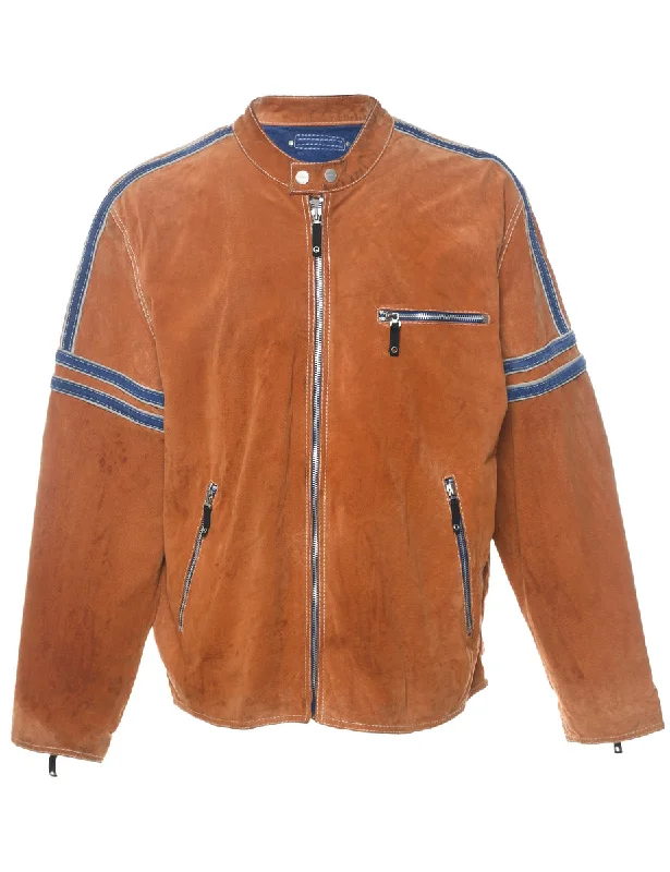 Wilson Light Brown & Blue Suede Racing Jacket - L Tailored Jacket Straight Jacket A-Line Jacket