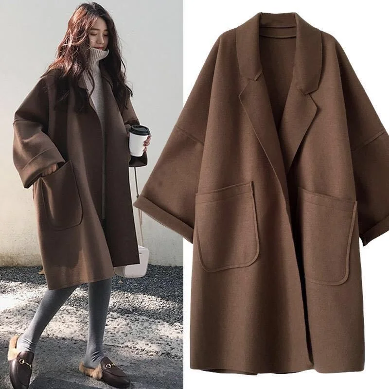 Elegant Woolen Trench Coat Winter for Women Vintage Windbreakers Jacket Mid-Length Loose Turn-Down Collar Plus Size 4XL Cardigan Lace Blend Ribbed Blend Corduroy Blend