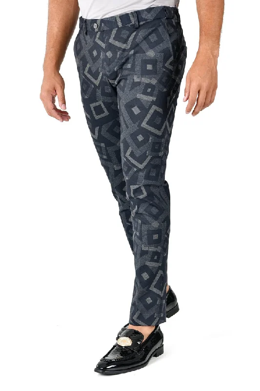 Barabas CP128 NATURAL DIAMONDS Navy Diamond Design Slim Fit Dress Pant Lightweight Linen Pants