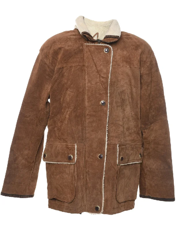 Zip Front Brown Shearling Lined Suede Jacket - M Hooded Jacket Caped Jacket Shawl Collar Jacket Zip Front Brown Shearling Lined Suede Jacket - M Hooded Jacket Caped Jacket Shawl Collar Jacket
