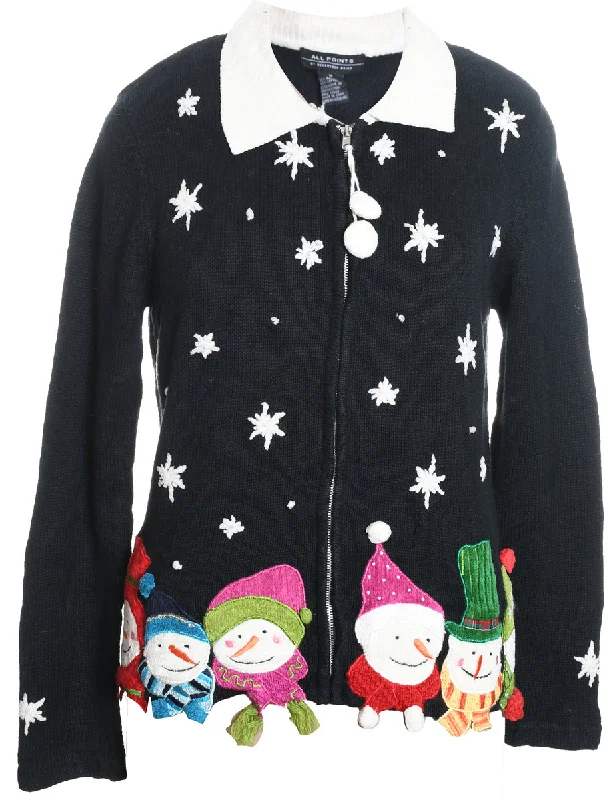 Snowman Christmas Cardigan - M Ribbed Striped Patterned