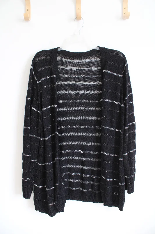 Black & Gray Knit Striped Cardigan | L Anti-Pilling Anti-Shrink Durable