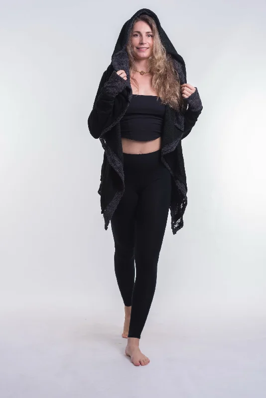 Hooded Shawl Cardigan in Black Ribbed Striped Patterned