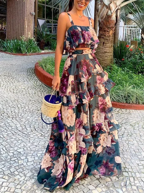 Fashionable holiday style camisole top with printed ruffle skirt two-piece set floral skirt print