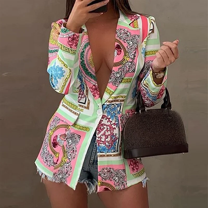 Women Cardigan Suit Jacket Retro Pattern Print Office Lady Slim Blazer Elegant Turn-down Collar Button Fashion Coats Streetwear Hooded Caped Shawl Collar