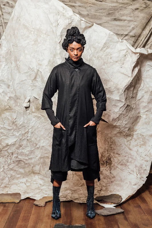 AW22 EMILE LONG JACKET - ONYX TWILL Notch Collar Jacket Peter Pan Collar Jacket Cowl Neck Jacket