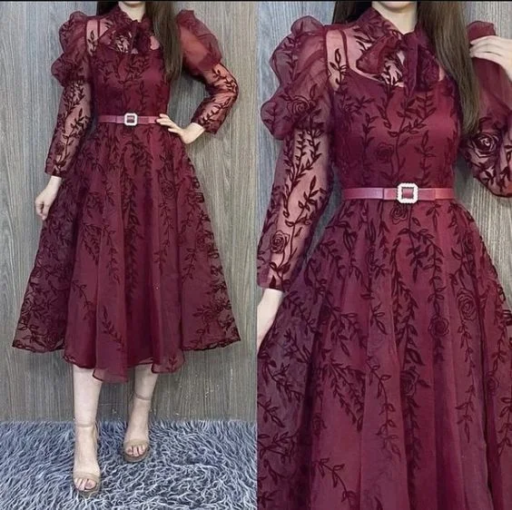 Burgundy A line tulle lace prom dress tulle party dress Y5715 Halter Neckline Beach