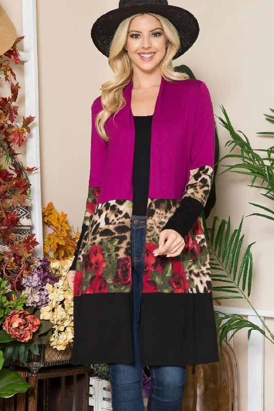 Celeste Full Size Color Block Open Front Cardigan Solid Color Striped Floral Print