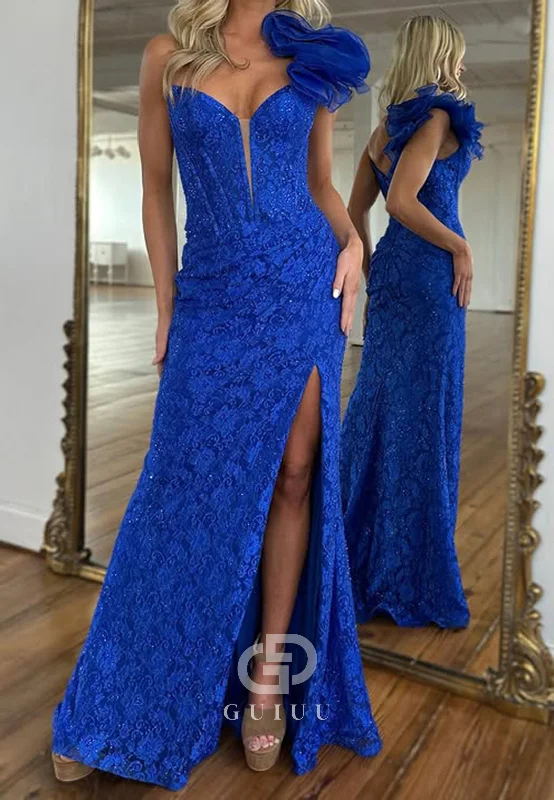 Royal Blue One Shoulder Sleeveless Prom Dress with Slit Sequins Evening Party Dress Shift Classic Vintage