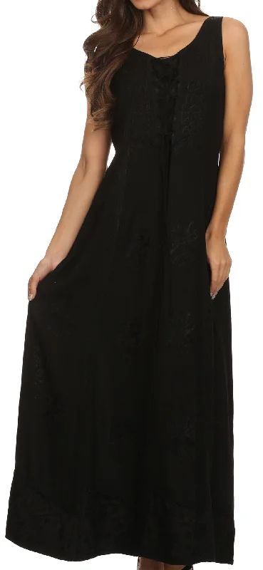 Sakkas Stella Long Tank Top Adjustable Caftan Corset Dress With Embroidery print tank top