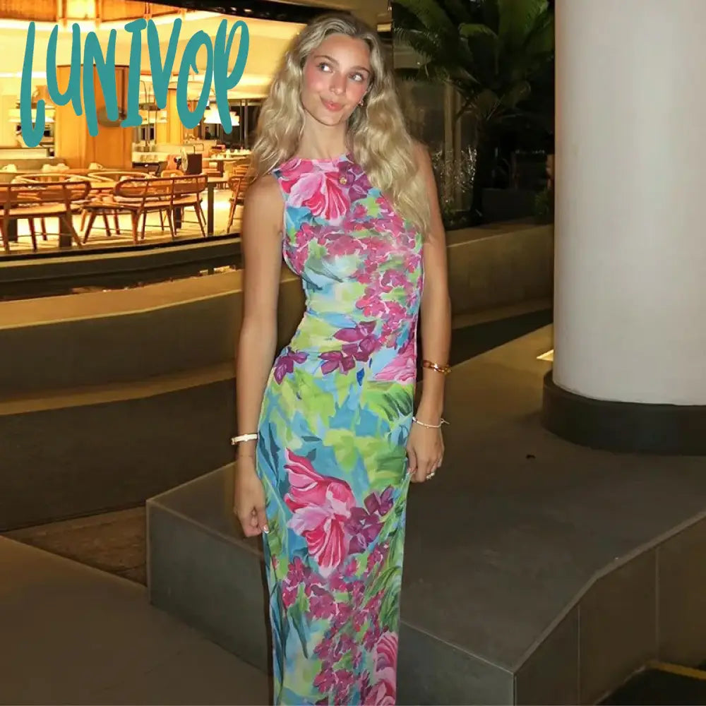 Lunivop Elegant Floral Print Maxi Beach Dress for Women Sexy Backless Sleeveless Bodycon Party Dress Summer Holidays Club Outfits Tunics Sale discount