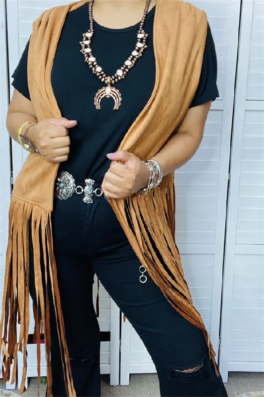 BQ13618 Tan suede fringe tassel vest/cardigan Iron Safe Non-Iron Wrinkle Free