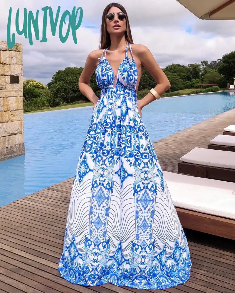 Lunivop Women Sexy Beach Print Dress Elegant Female Party  Skirt  Boho Cardigan Robe Vacation Bikinis V-neck Great Swing Dress Silk Blend Satin Velvet