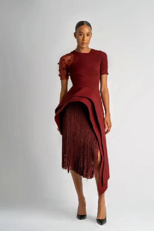 BURGUNDY STRUCTURED ASYMMETRIC TOP AND FRINGE SKIRT denim skirt classic