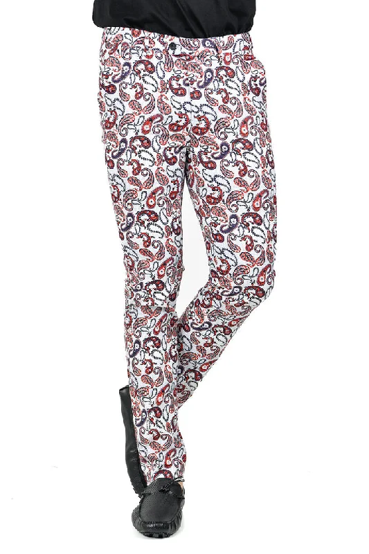 Barabas CP113 CLASSIC STORY White and Red Paisley  Slim Fit Dress Pant Comfy Zip-Up Pants