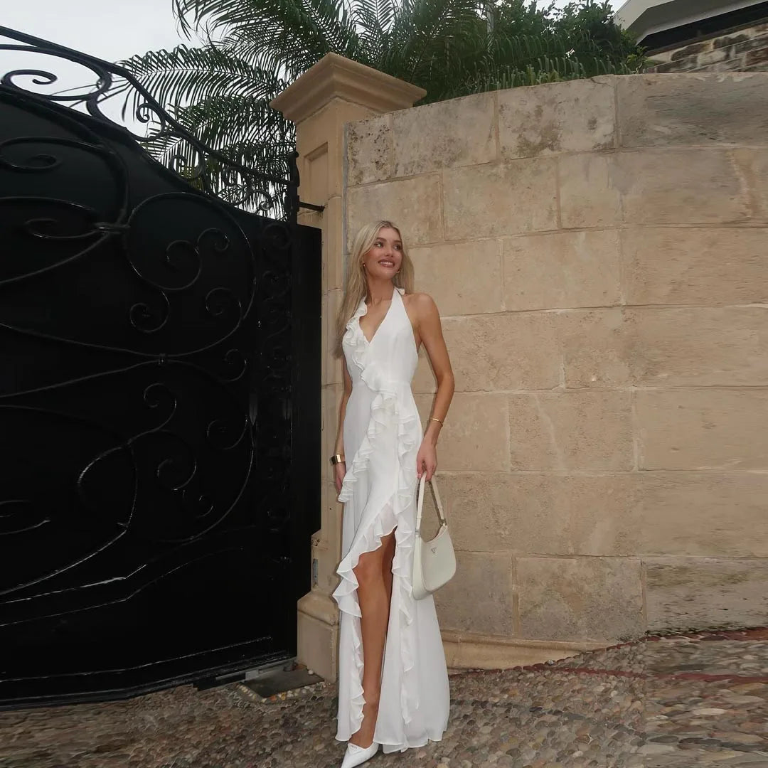 Lunivop White Halter Backless Banquet Party Dresses Long Slit Ruffles Chiffon Bridal Dress Floor Length Summer Vocation Maxi Dress Women Satin Halter Glamorous Lunivop White Halter Backless Banquet Party Dresses Long Slit Ruffles Chiffon Bridal Dress Floor Length Summer Vocation Maxi Dress Women Satin Halter Glamorous