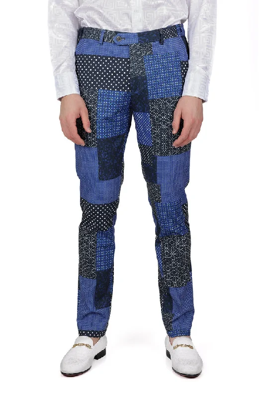 Barabas CP163 LODGE QUILT PLAID Blue Checkered Slim Fit Dress Pant Cozy Full-Length Pants