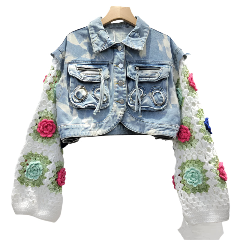 Denim Patchwork Knitted Flowers Sleeve Pocket Short Jacket Nylon Fabric Polyester Fabric Spandex Fabric Denim Patchwork Knitted Flowers Sleeve Pocket Short Jacket Nylon Fabric Polyester Fabric Spandex Fabric