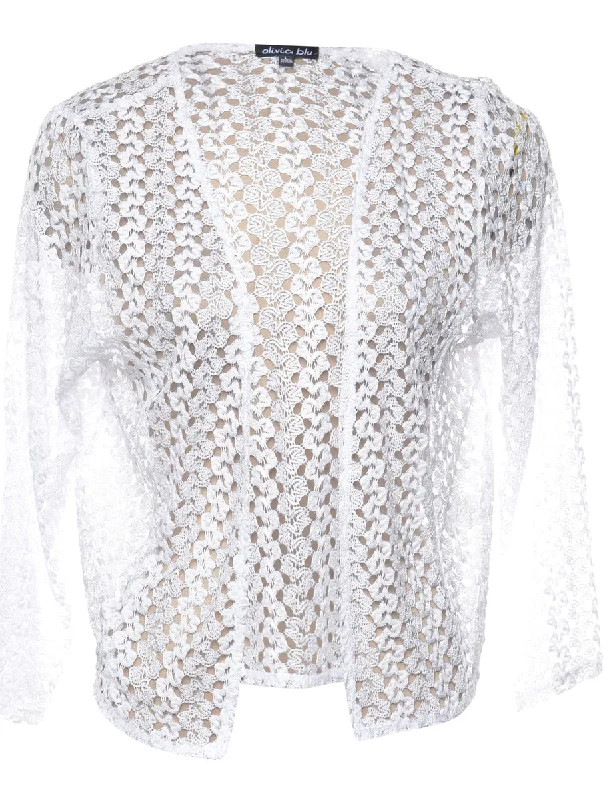 White Three-Quarter Sleeve Crochet Jacket - M Faux Fur Jacket Real Fur Jacket Shearling Jacket