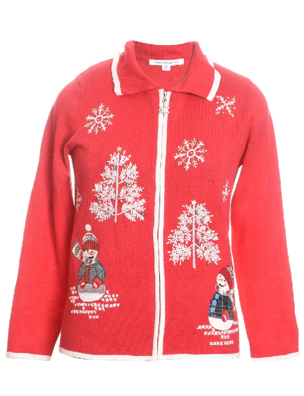 Snowman Christmas Cardigan - M Chenille Blend Fleece Blend Nylon Blend