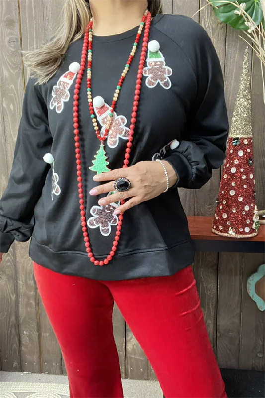 XCH15219 Santa Claus sequin patch in the black solid color long sleeve cardigan design women blouse (Copy) Terry Terry Cloth Terry Knit
