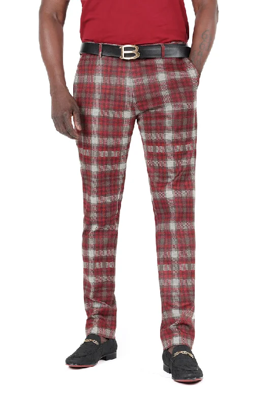 Barabas CP181 SHEPHERD’S CHECK Wine and Grey Checkered Slim Fit Dress Pant Classic Pleated Pants