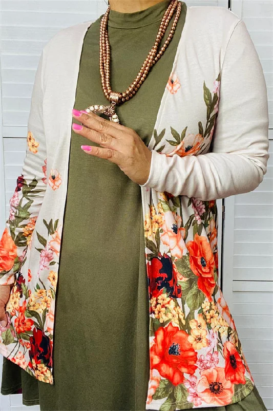 XCH14360 Beige & Floral multi color printed long sleeve women  cardigan Soft Cozy Warm