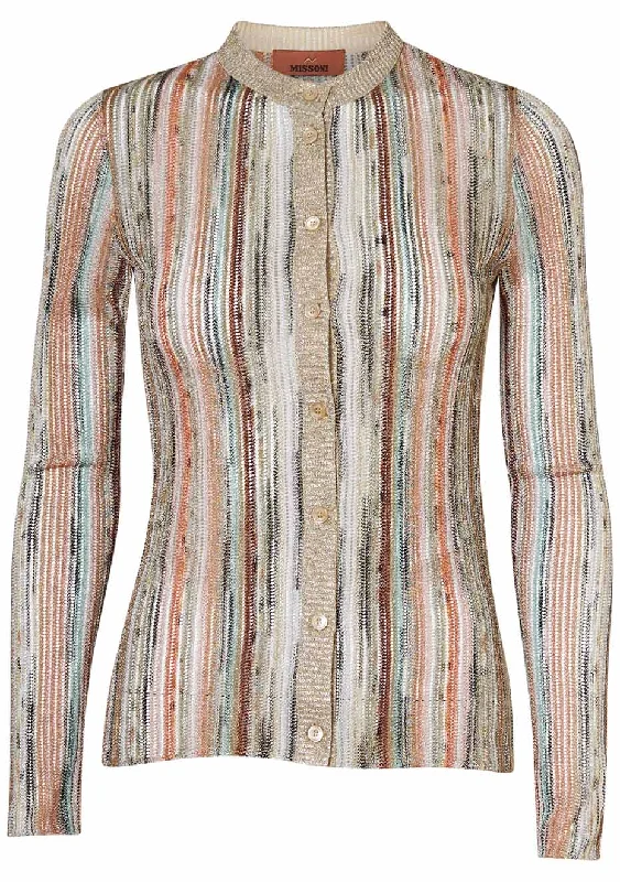 Lamé Striped Crewneck Cardigan Multicolour Embroidered Appliqued Beaded
