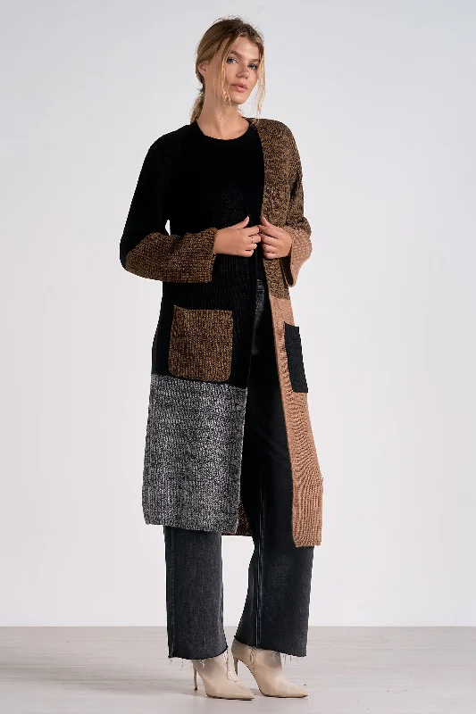 COLOR BLOCK LONG CARDIGAN - BLACK/BROWN Thin Thick Dense