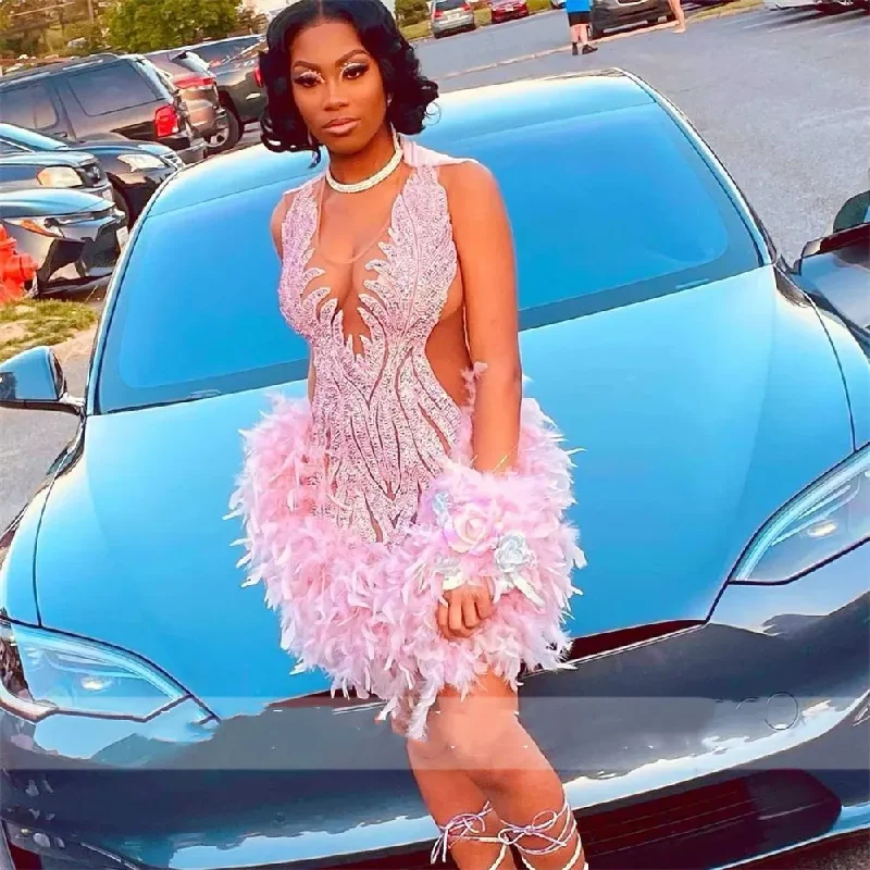Pink Sheer O Neck Short Prom Dress For Black Girls Sparkly Beaded Birthday Party Dresses Feathers Mini Mermaid Homecoming Abiti Tunics Luxurious premium