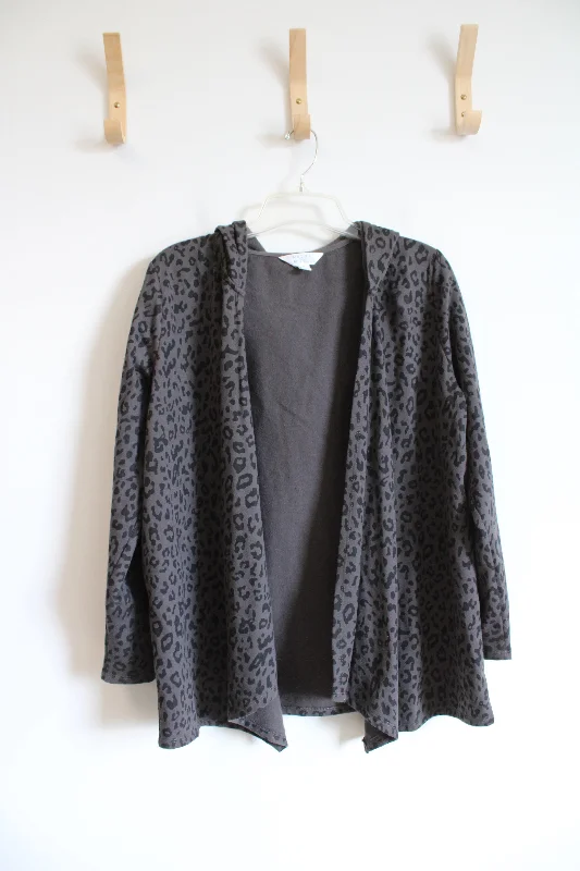 Market & Spruce Gray Leopard Print Open Cardigan | L Asymmetrical,ymmetric Pencil Cardigan