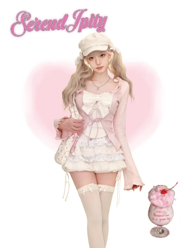 Sakura Girl Autumn New Style Suit Suspenders + White Cake Skirt + Pink Slim Cardigan Plaid Cardigan Polka Dot Checkered