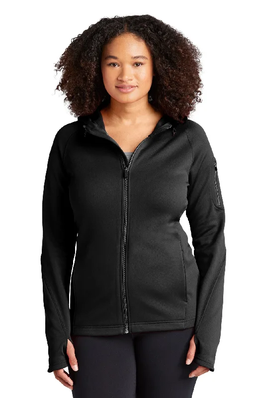 Sport-Tek Women's Tech Fleece Full-Zip Hooded Jacket Front Pockets Side Pockets Patch Pockets