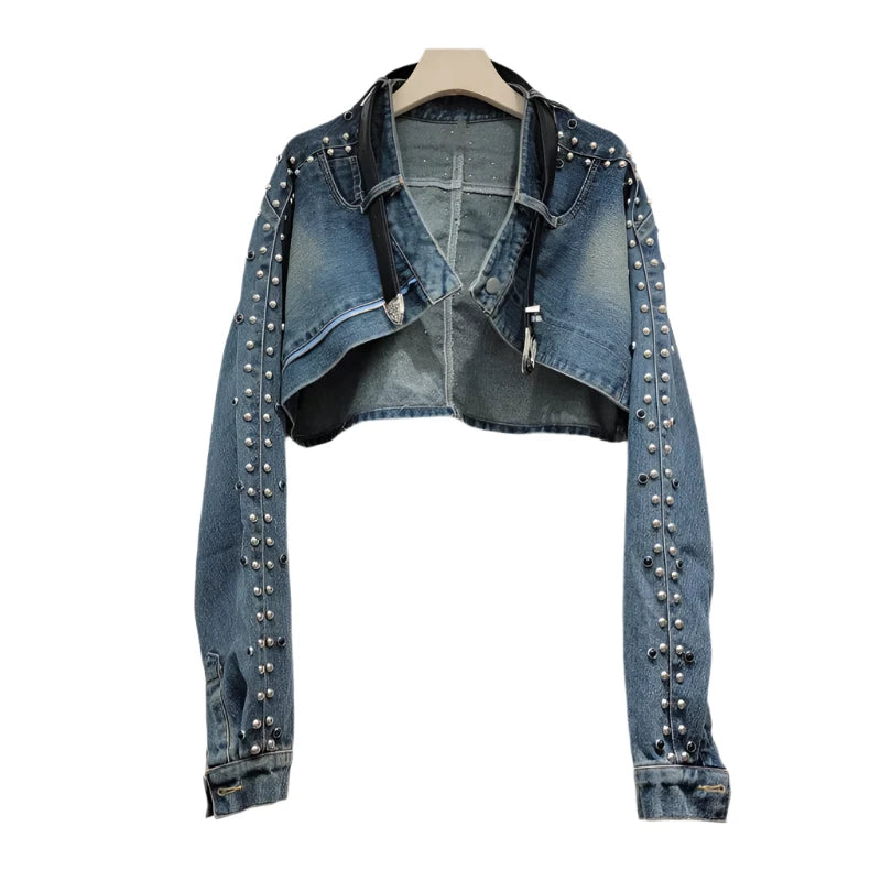 V-neck Leather Belt Short Denim Rivet Pearls Crop Jacket Chenille Fabric Brocade Fabric Lace Fabric V-neck Leather Belt Short Denim Rivet Pearls Crop Jacket Chenille Fabric Brocade Fabric Lace Fabric