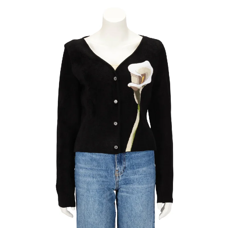 Lanvin Black Jacquard Calla Lily V-Neck Cardigan L Lightweight Heavyweight Midweight