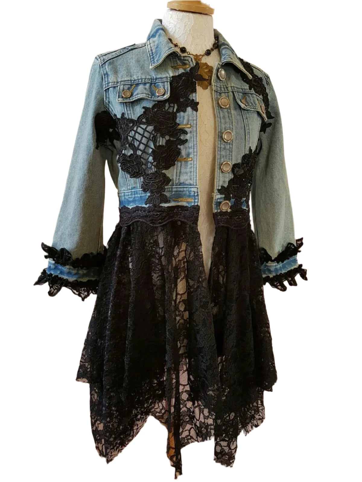 Lace Hook Flower Patchwork Frayed Edges Denim Jacket Print Jacket Jacquard Jacket Embroidered Jacket