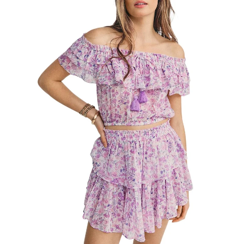 LoveShackFancy Womens Floral Ruffle Mini Skirt silk skirt luxurious