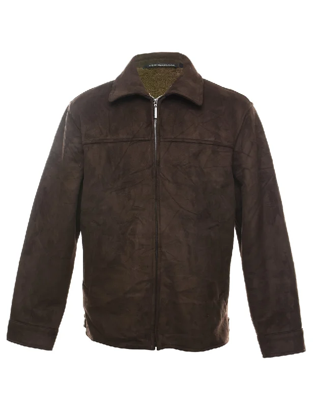 Zip-Front Dark Brown Suede Jacket - S Satin Fabric Silk Fabric Chiffon Fabric