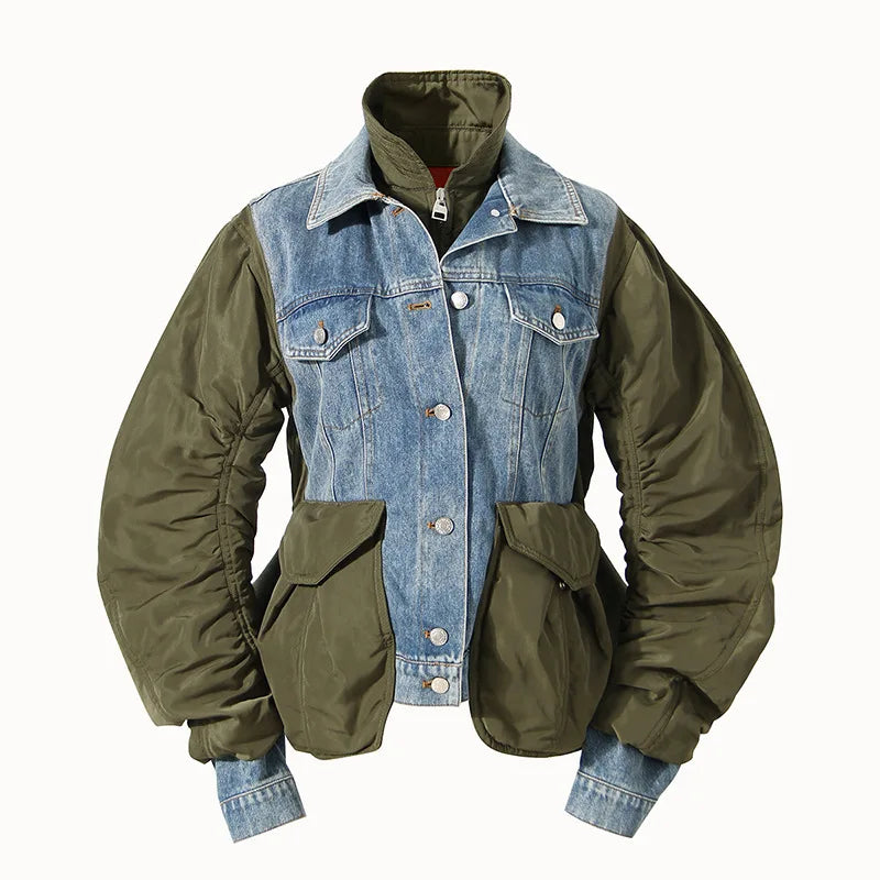 Blue &  Olive Denim Color-block  Jacket Rayon Fabric Velvet Fabric Corduroy Fabric