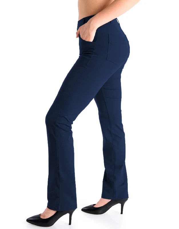 Straight Leg Yoga Dress Pants, 4 Pockets (Navy Blue) Comfy Zip-Up Pants