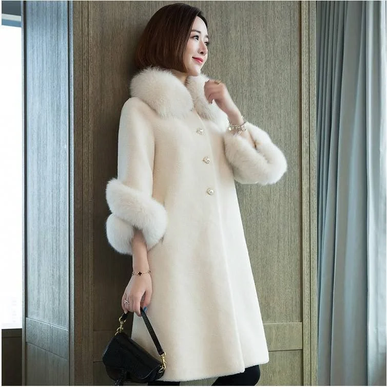 LUGENTOLO Women's Fine Fashion Elegant Ivory White Faux Fur Coat Jacket With Collar & Arm Plush Fur Chenille Jacket Brocade Jacket Lace Jacket