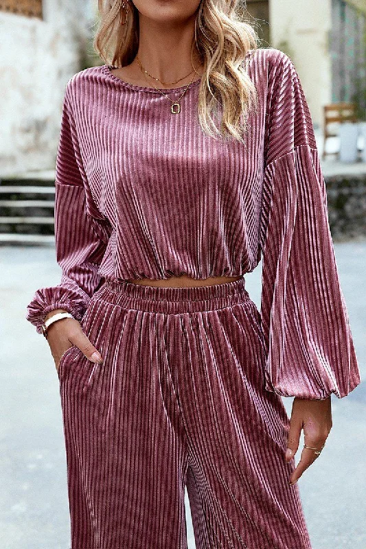 VELVET CORDUROY LOOSE FIT COZY TOP AND PANTS SET Elegant Palazzo Trousers