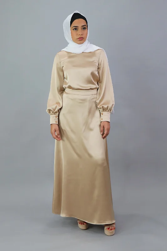 Lameera Satin Skirt - Champagne belted skirt waist
