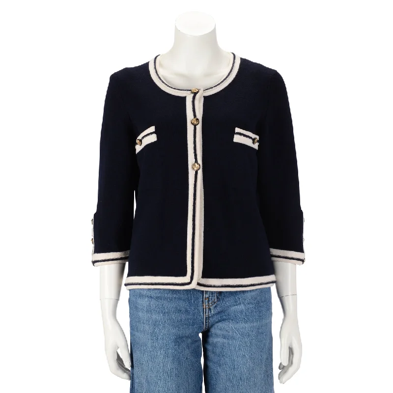 Chanel Navy & White Cashmere Gold Button Cardigan FR 42 Solid Print Embellished