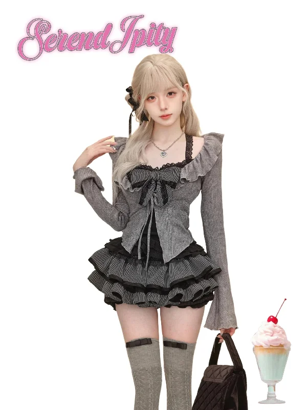 Serendipity Autumn Suit Black Lace Suspenders + Gray Knitted Cardigan + Short Skirt Anti-Pilling Anti-Shrink Durable