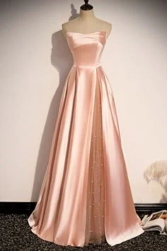 strapless pink satin long party dress formal prom dress   cg19396 Tunics Prom sequined