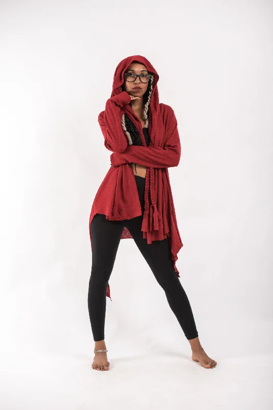 Hooded Cardigan in Red Velvet Chenille Corduroy
