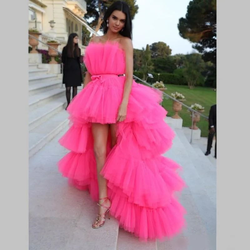 Sexy Tulle Ruffle Pink High-low Long Prom Party Dress, PD3097 Tunics Satin smooth