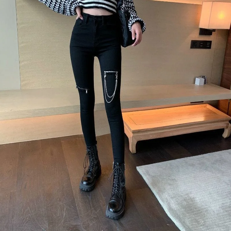 Women's Punk Ripped High-waisted Pencil Pants with Chain Soft Cotton Pants