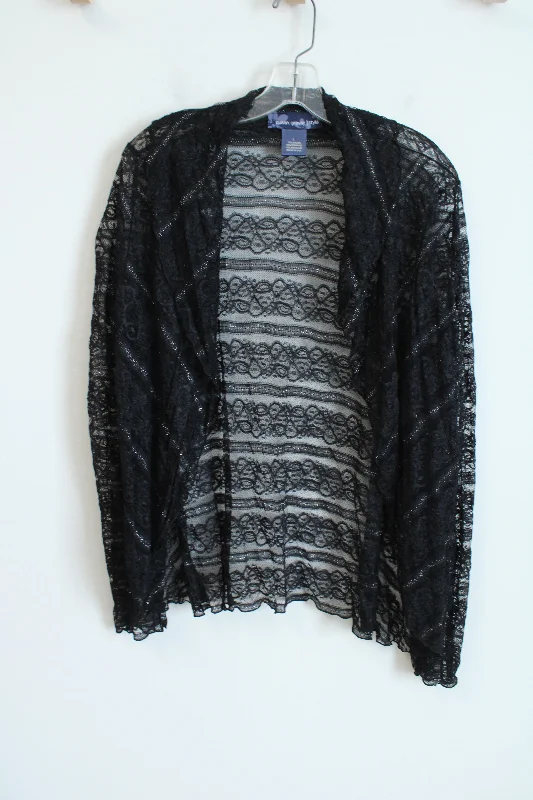 Susan Graver Style Black Shimmer Lace Cardigan | L Spandex Rayon Corduroy